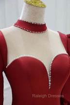 Burgundy Satin High Neck Long Prom Dress, Burgundy A Line Prom Prom Dress