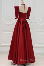Burgundy Satin High Neck Long Prom Dress, Burgundy A-Line Evening Party Dress