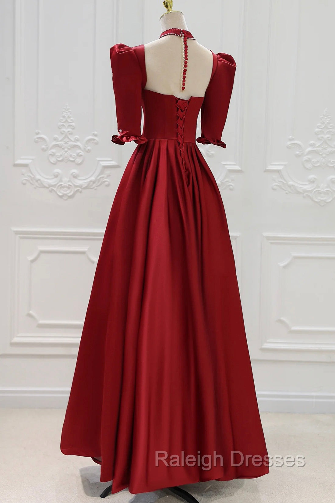 Burgundy Satin High Neck Long Prom Dress, Burgundy A-Line Evening Party Dress