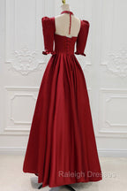 Burgundy Satin High Neck Long Prom Dress, Burgundy A Line Prom Prom Dress