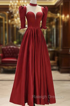 Burgundy Satin High Neck Long Prom Dress, Burgundy A-Line Evening Party Dress