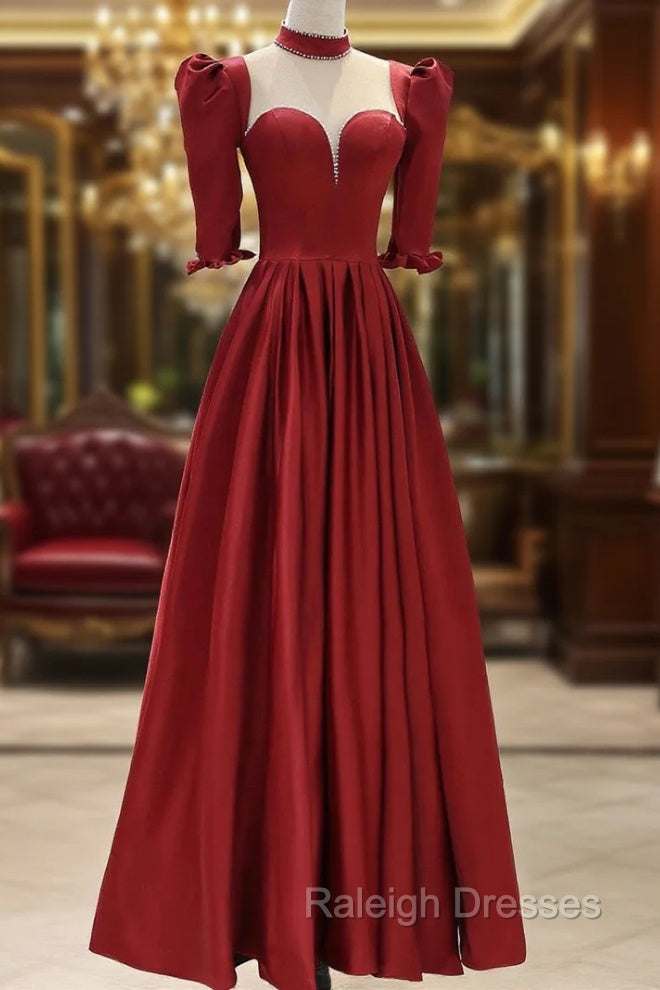 Burgundy Satin High Neck Long Prom Dress, Burgundy A-Line Evening Party Dress