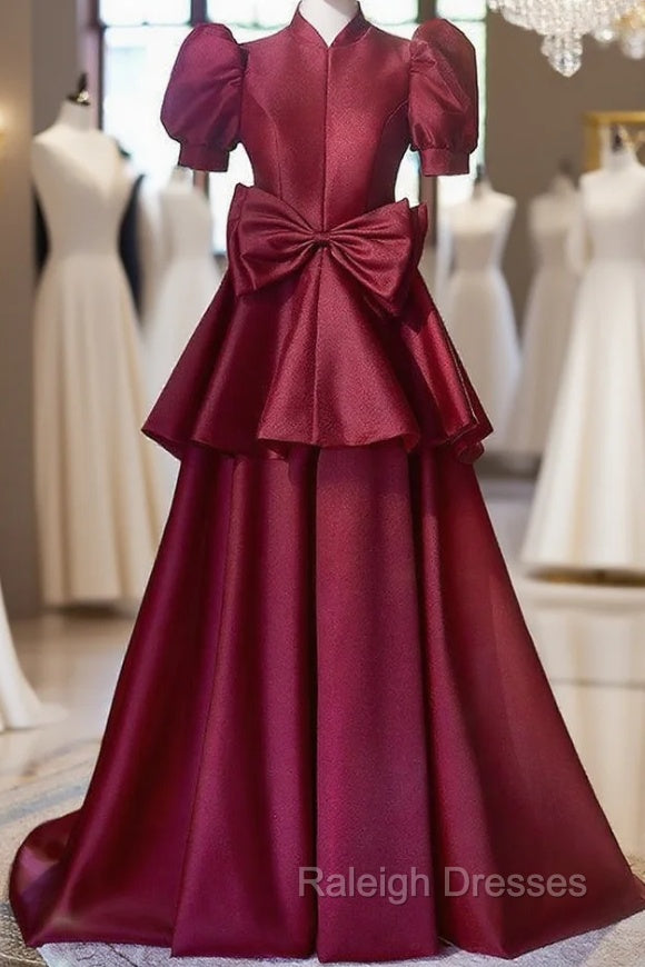 Burgundy Satin High Neck Puff Sleeve Bow Prom Dress