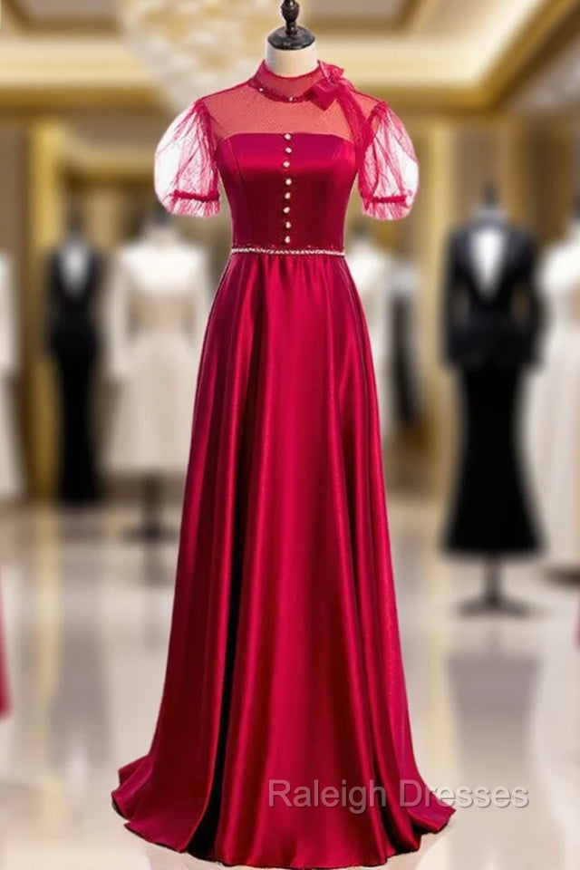 Burgundy Satin High Neck Short Sleeve Backless Beading Prom Dress Main image