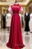 Burgundy Satin High Neck Short Sleeve Backless Beading Prom Dress