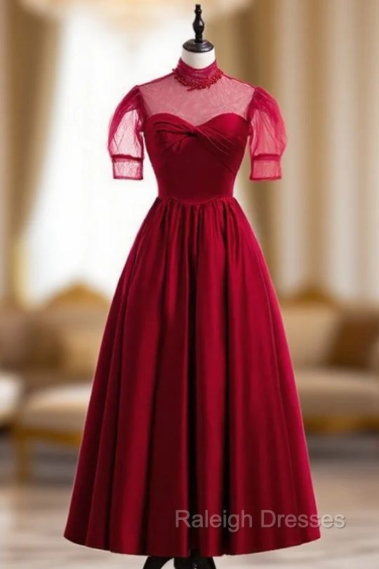 Burgundy Satin High Neck Short Sleeve Pleats Pearls Prom Dress Main image