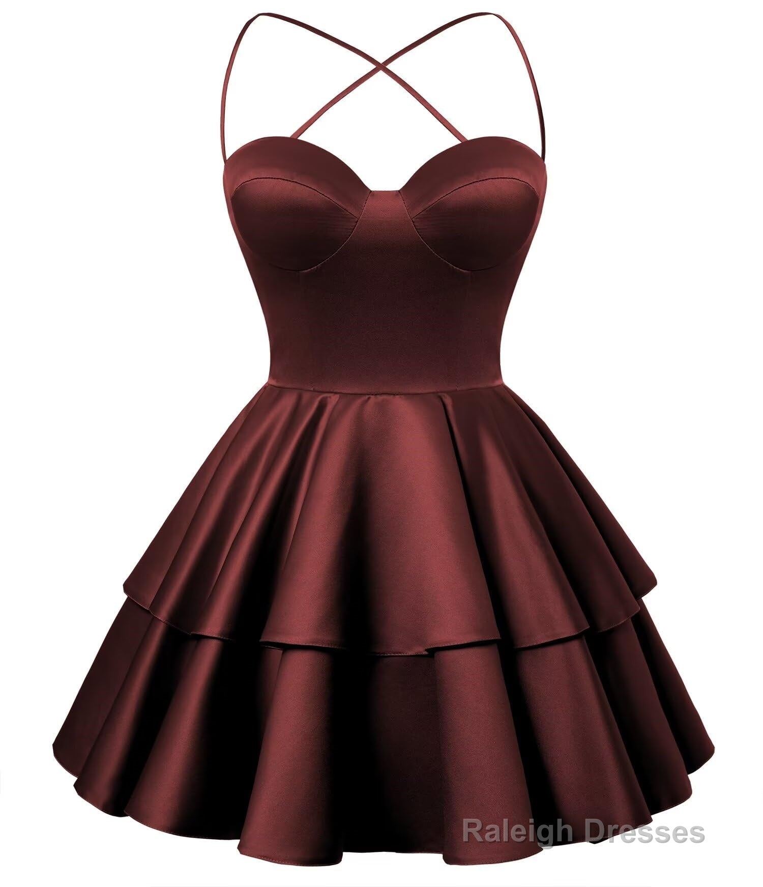 Burgundy Satin Homecoming Dress Sweetheart Neck Tiered Short Graduatio