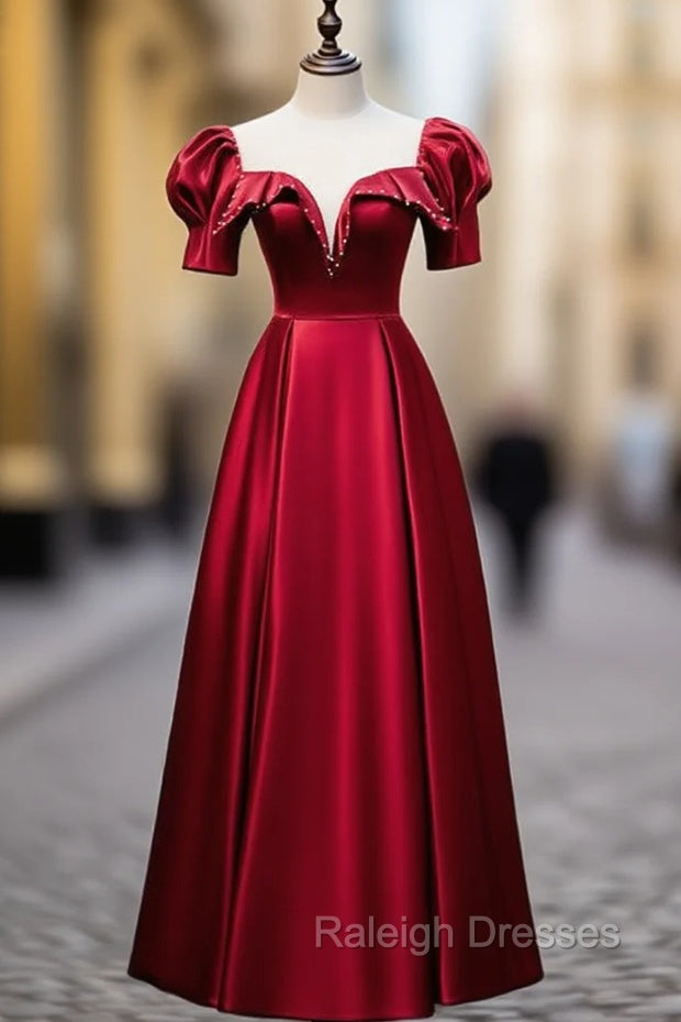 Burgundy Satin Illusion Neck Short Sleeve Prom Dress Main image