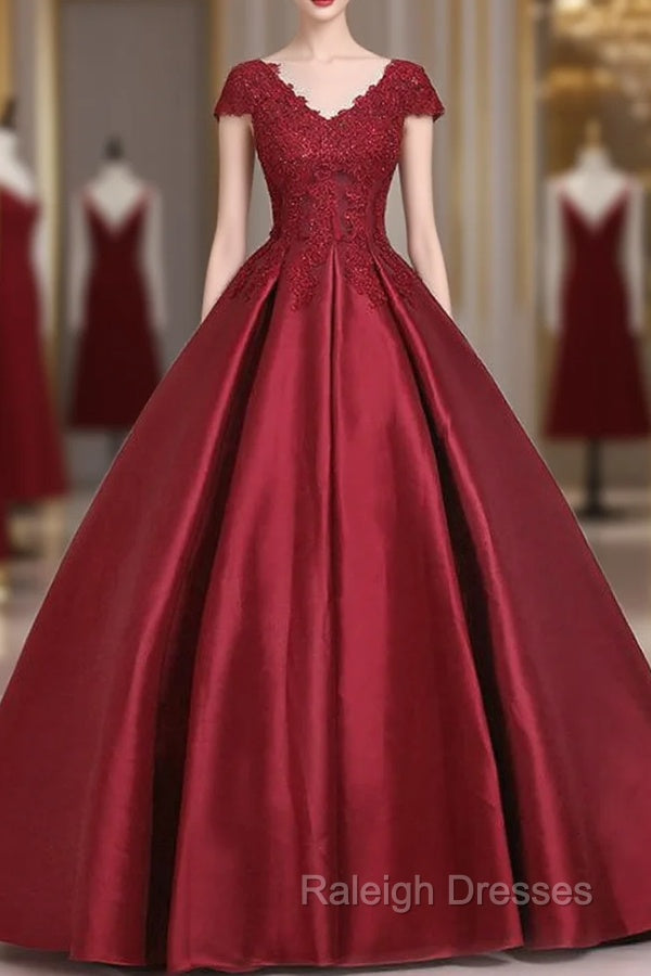 Burgundy Satin Lace Applique Scoop Neckline Long Prom Dress Main image