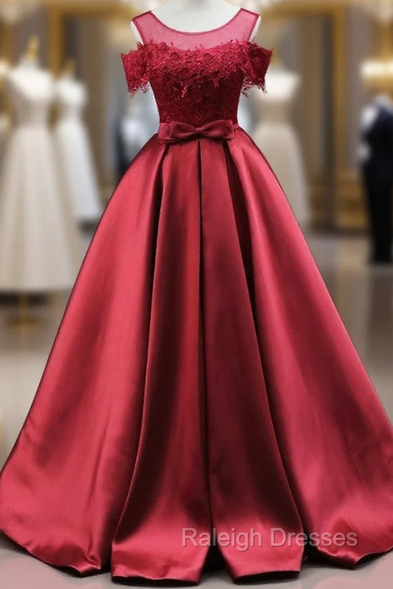 Burgundy Satin Lace Bow Prom Dress