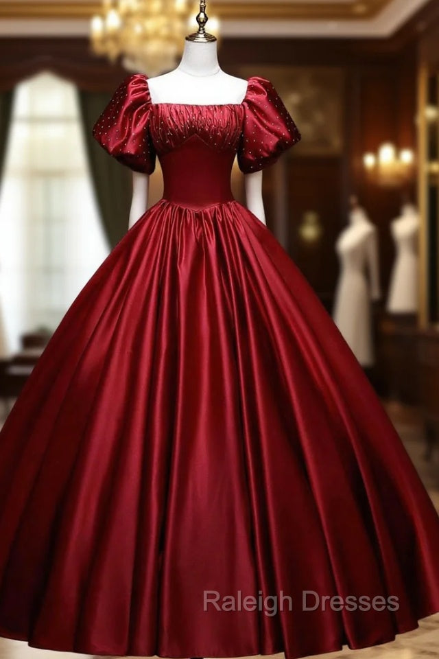 Burgundy Satin Long A Line Prom Dress, Burgundy Formal Prom Dress