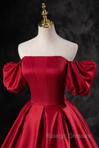 Burgundy Satin Long A Line Prom Dresses Off the Shoulder Prom Dresses