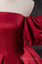 Burgundy Satin Long A Line Prom Dresses Off the Shoulder Prom Dresses