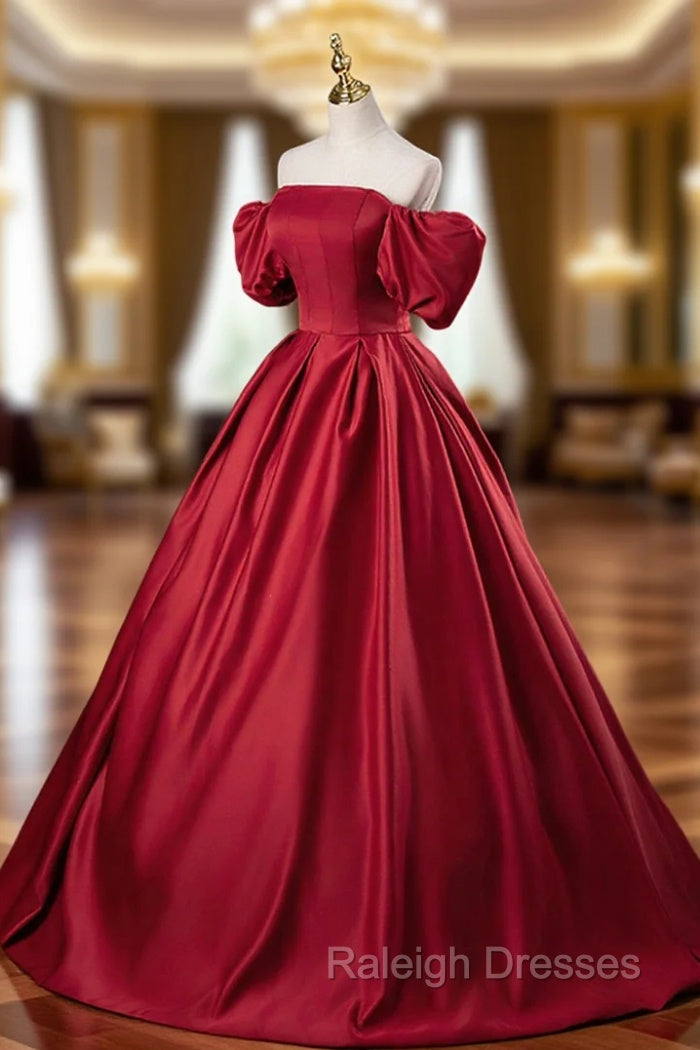 Burgundy Satin Long A Line Prom Dresses Off the Shoulder Prom Dresses Main image