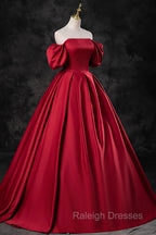 Burgundy Satin Long A-Line Prom Dress, Off the Shoulder Evening Party Dress
