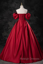 Burgundy Satin Long A Line Prom Dresses Off the Shoulder Prom Dresses
