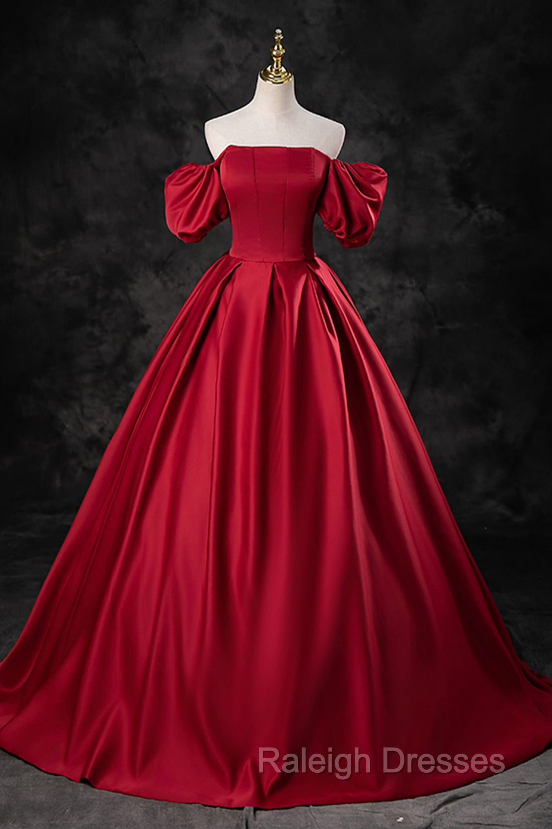 Burgundy Satin Long A Line Prom Dresses Off the Shoulder Prom Dresses