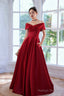 Burgundy Satin Long A-Line Prom Dress, Simple V-Neck Evening Dress