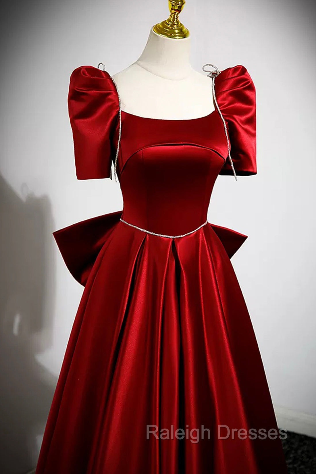 Burgundy Satin Long Prom Dress, A Line Prom Dress with Bow Secondary image