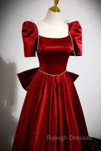 Burgundy Satin Long Prom Dress, A Line Prom Dress with Bow