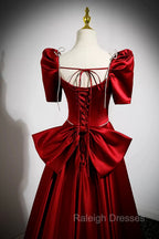 Burgundy Satin Long Prom Dress, A Line Prom Dress with Bow
