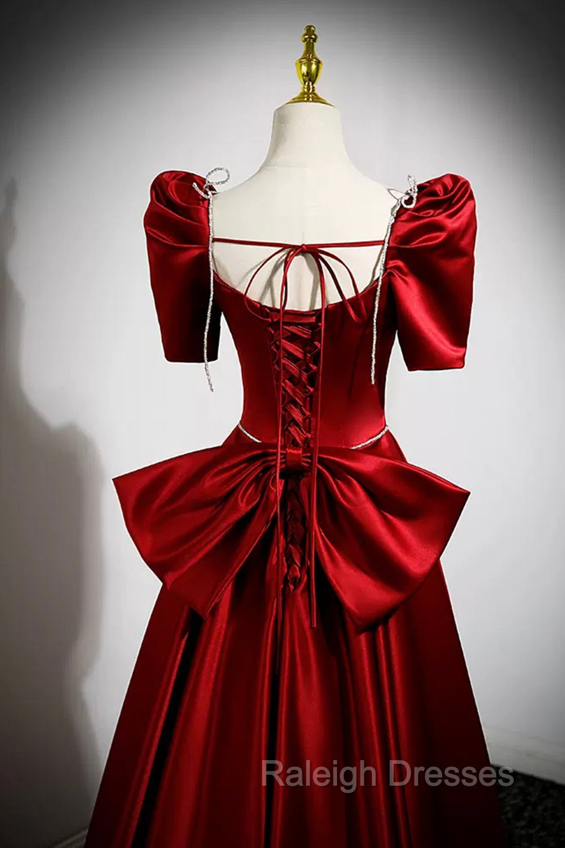 Burgundy Satin Long Prom Dress, A Line Prom Dress with Bow