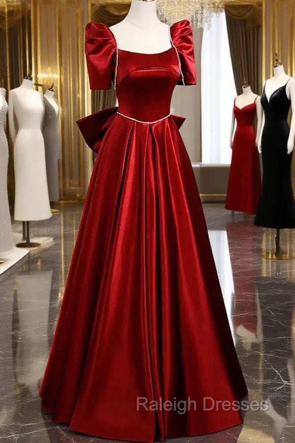 Burgundy Satin Long Prom Dress, A-Line Evening Dress with Bow Main image
