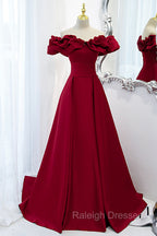 Burgundy Satin Long Prom Dress, A Line Off Shoulder Prom Prom Dress