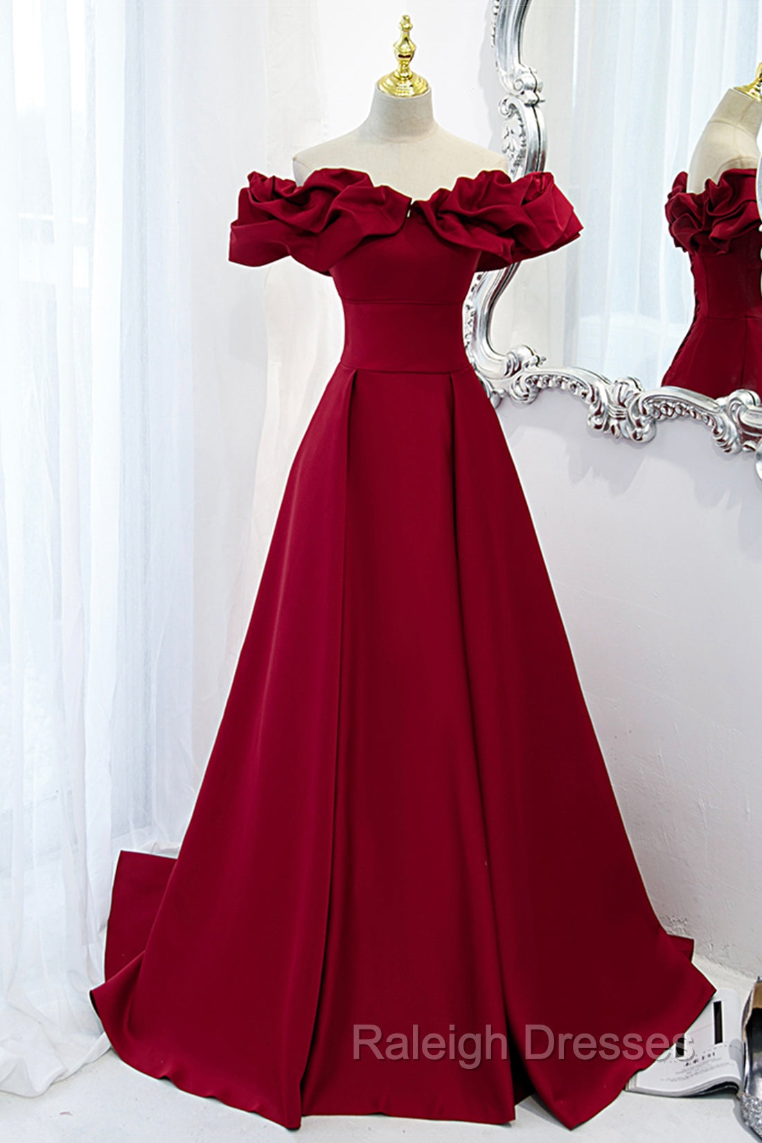 Burgundy Satin Long Prom Dress, A Line Off Shoulder Prom Prom Dress