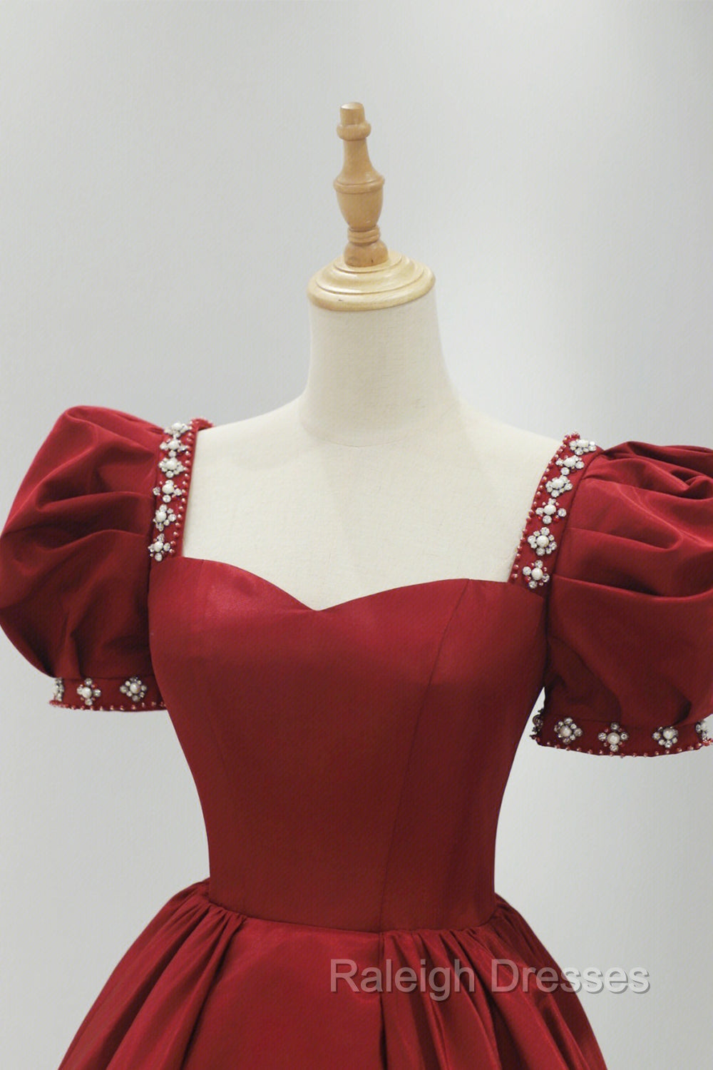 Burgundy Satin Long Prom Dress, A Line Short Sleeve Prom Dress