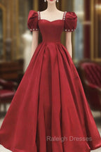 Burgundy Satin Long Prom Dress, A-Line Short Sleeve Evening Dress