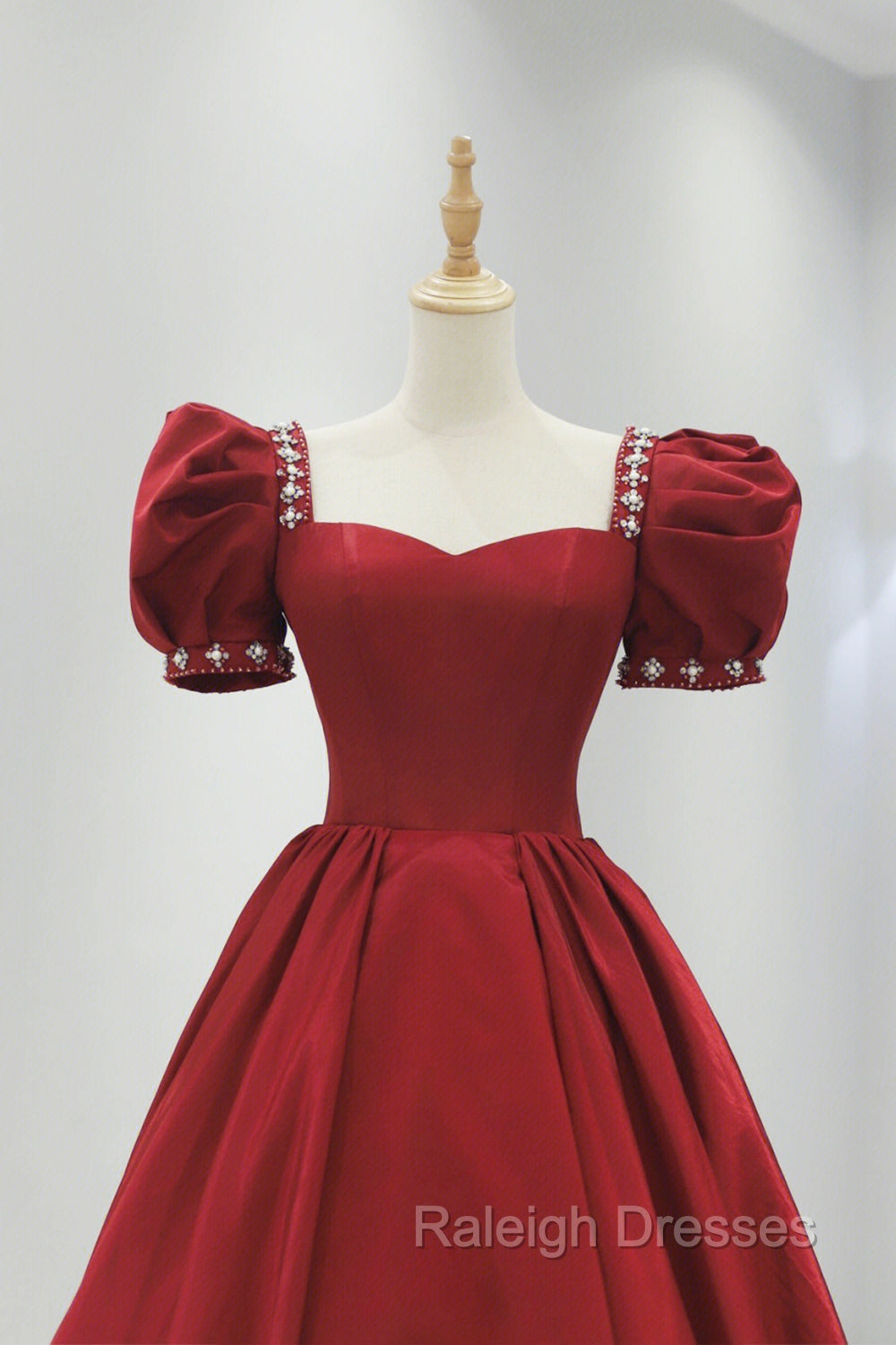 Burgundy Satin Long Prom Dress, A-Line Short Sleeve Evening Dress