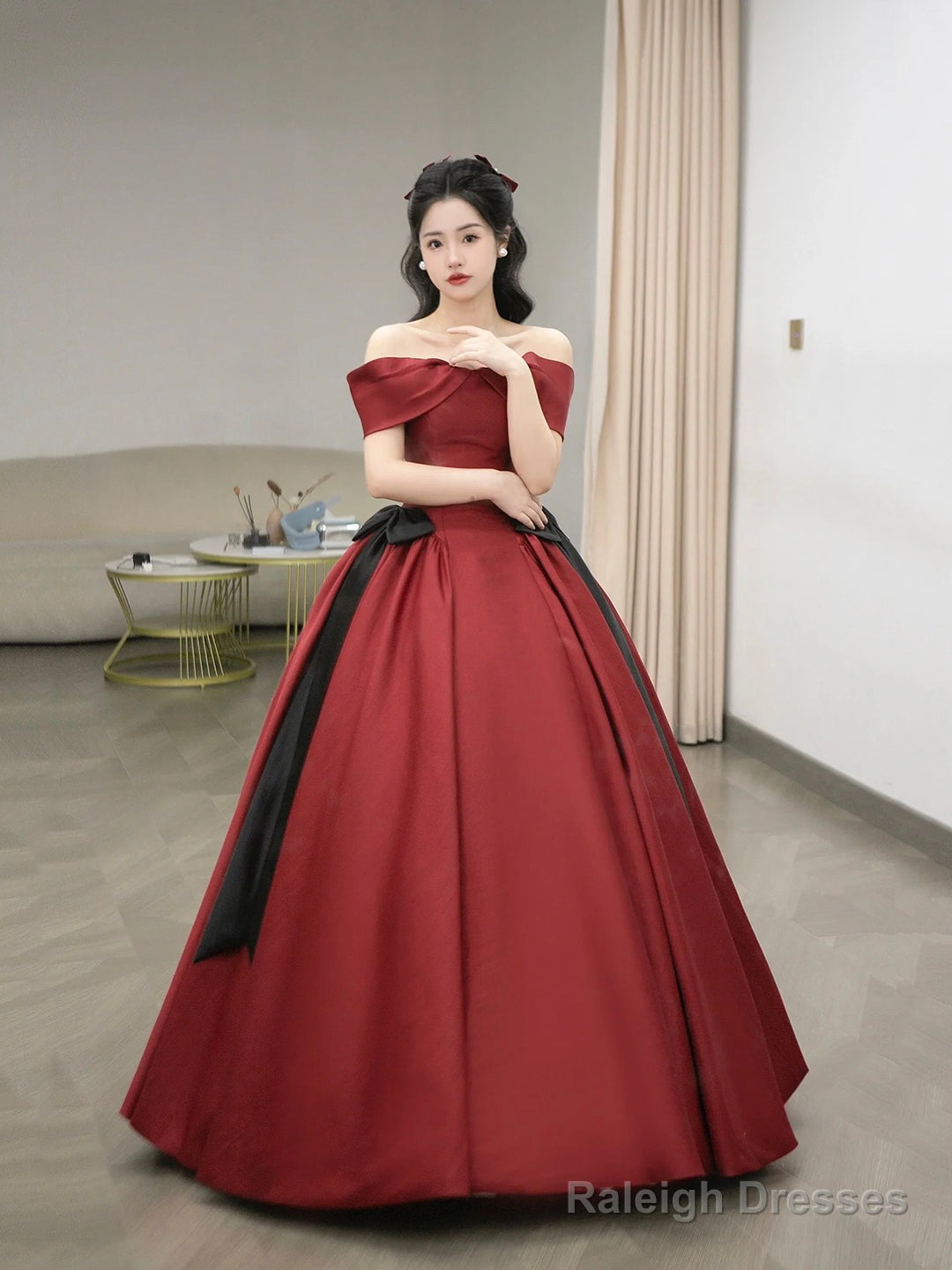 Burgundy Satin Long Prom Dress, Beautiful Off The Shoulder Evening Party Dress Secondary image