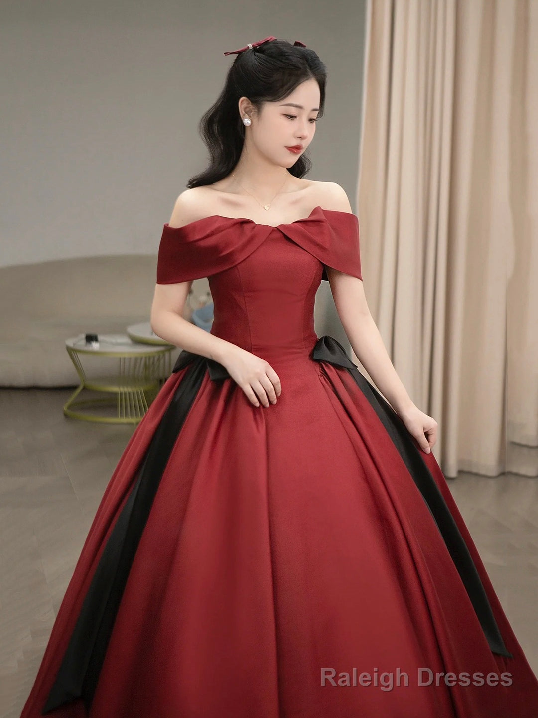 Burgundy Satin Long Prom Dress, Beautiful Off The Shoulder Evening Party Dress