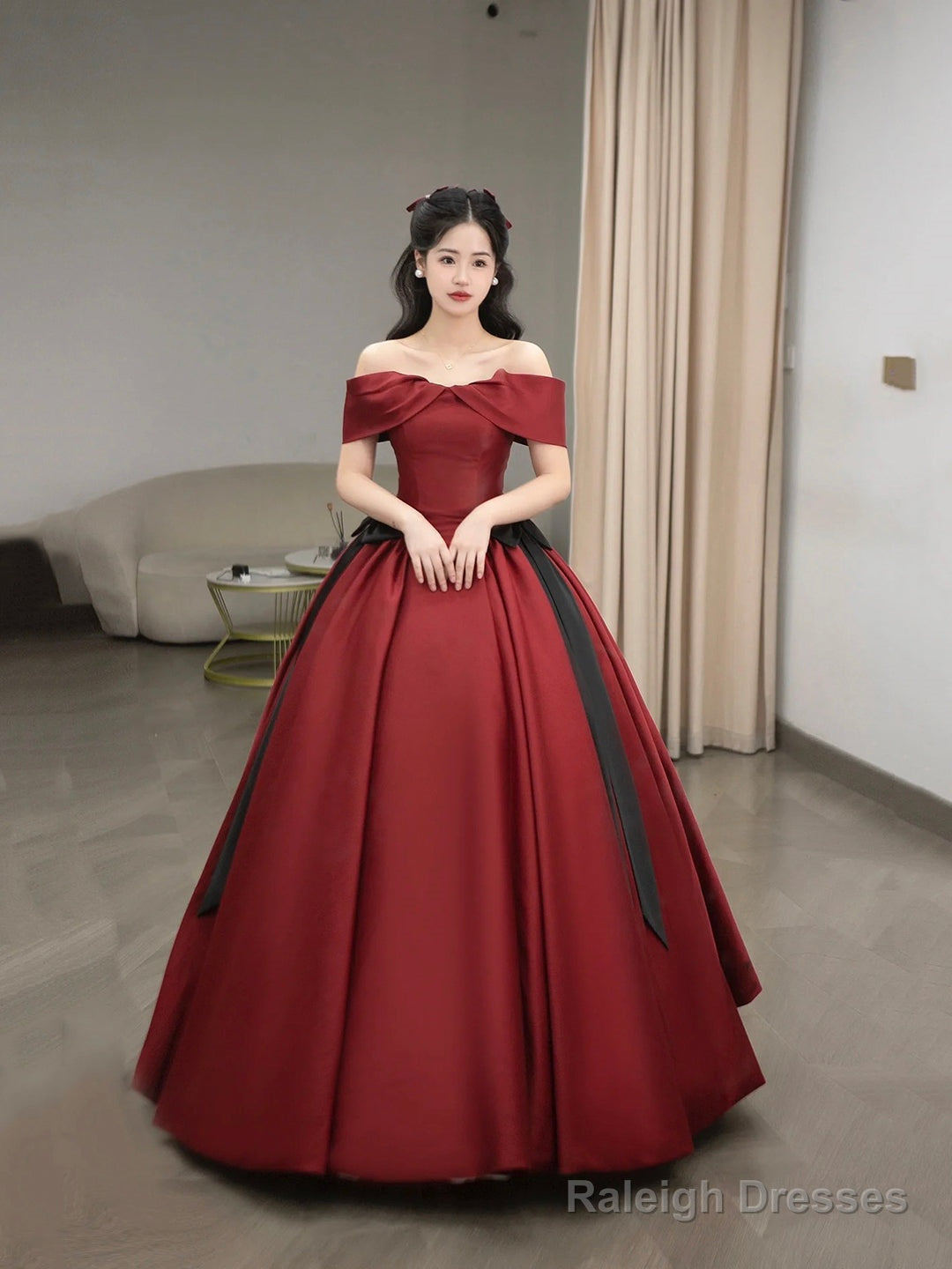Burgundy Satin Long Prom Dress, Beautiful Off The Shoulder Evening Party Dress Main image