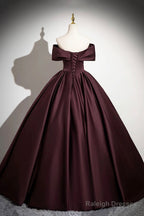 Burgundy Satin Long Prom Dress, Burgundy Off The Shoulder Formal Dress