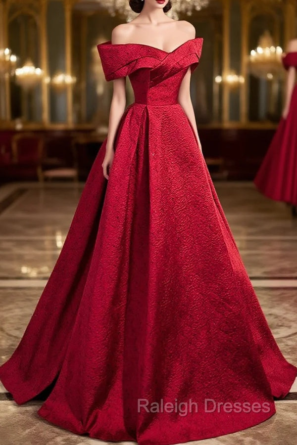 Burgundy Satin Long Prom Dress, Off Shoulder Evening Party Dress