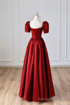 Burgundy Satin Long Prom Dress, Simple A-Line Short Sleeve Evening Dress