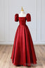 Burgundy Satin Long Prom Dress, Simple A Line Short Sleeve Prom Dress