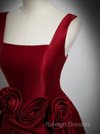 Burgundy Satin Long Prom Dress With Flowers, Elegant A-Line Party Dress
