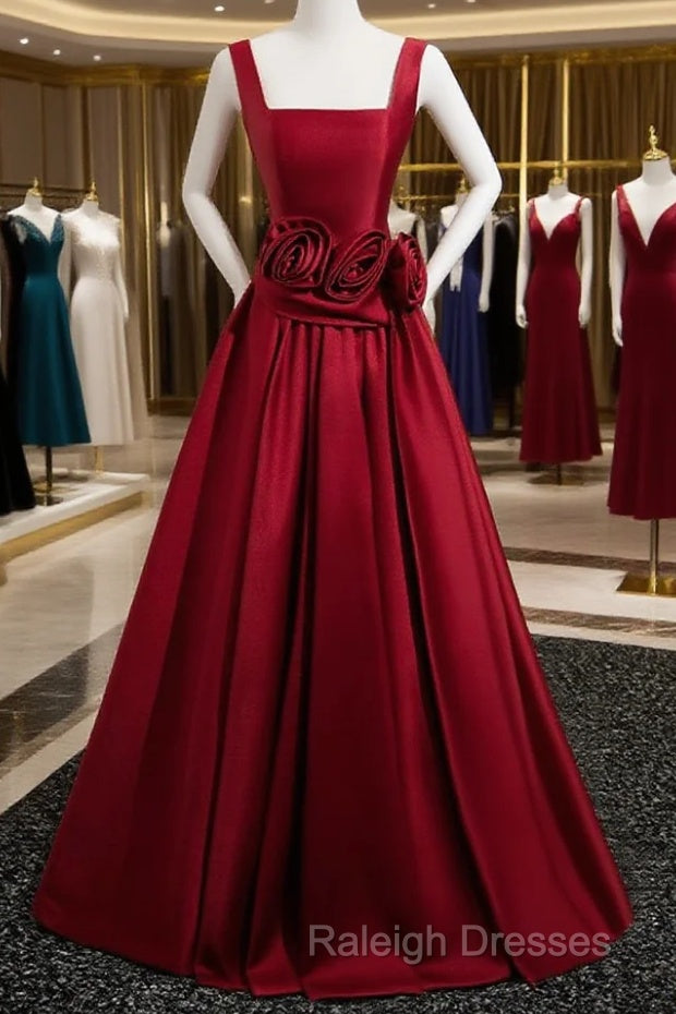 Burgundy Satin Long Prom Dress With Flowers, Elegant A-Line Party Dress Main image