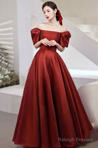 Burgundy Satin Long Prom Dresses, A-Line Short Sleeve Evening Dresses