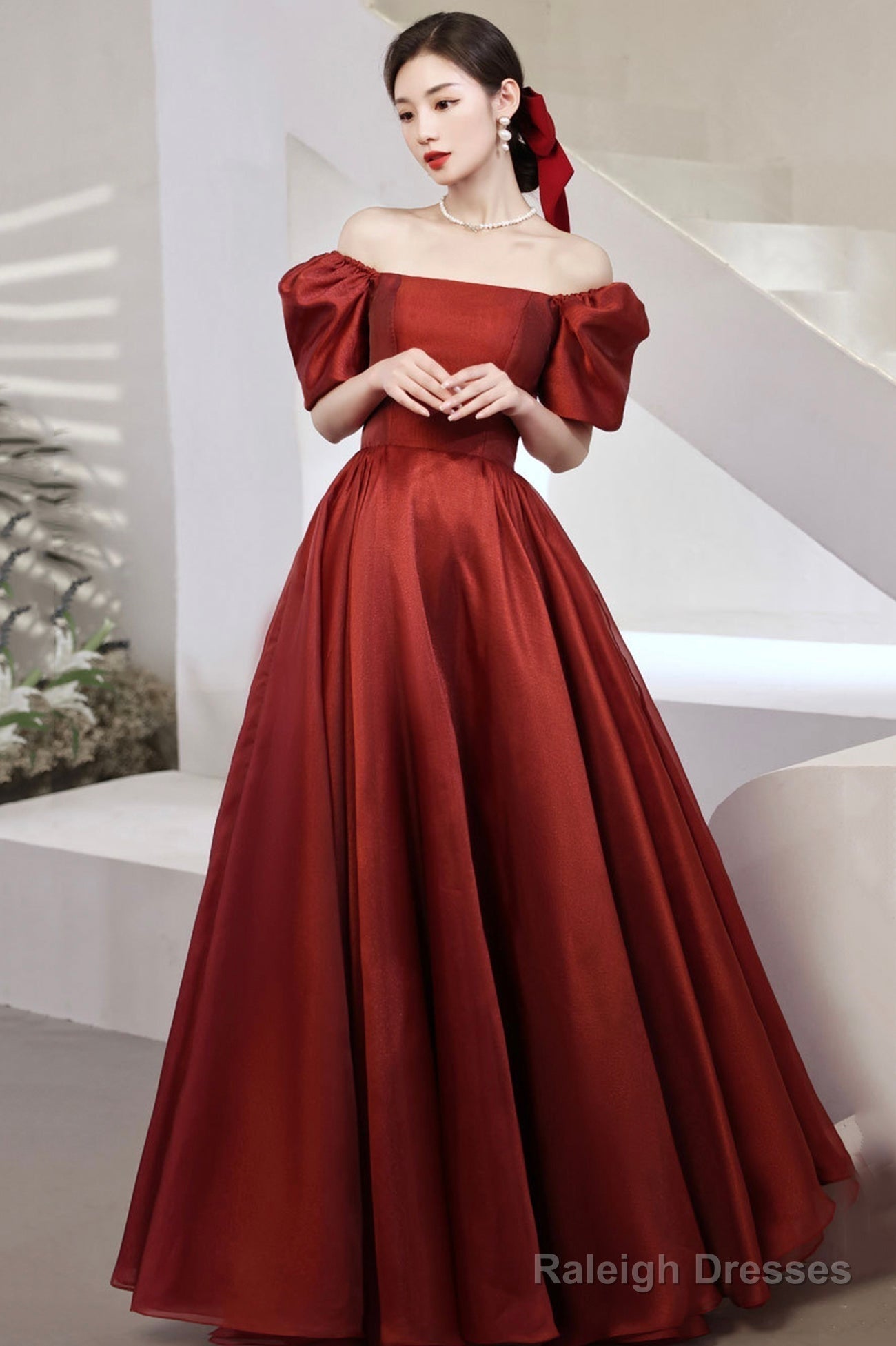 Burgundy Satin Long Prom Dress A-Line Short Sleeve Prom Dress