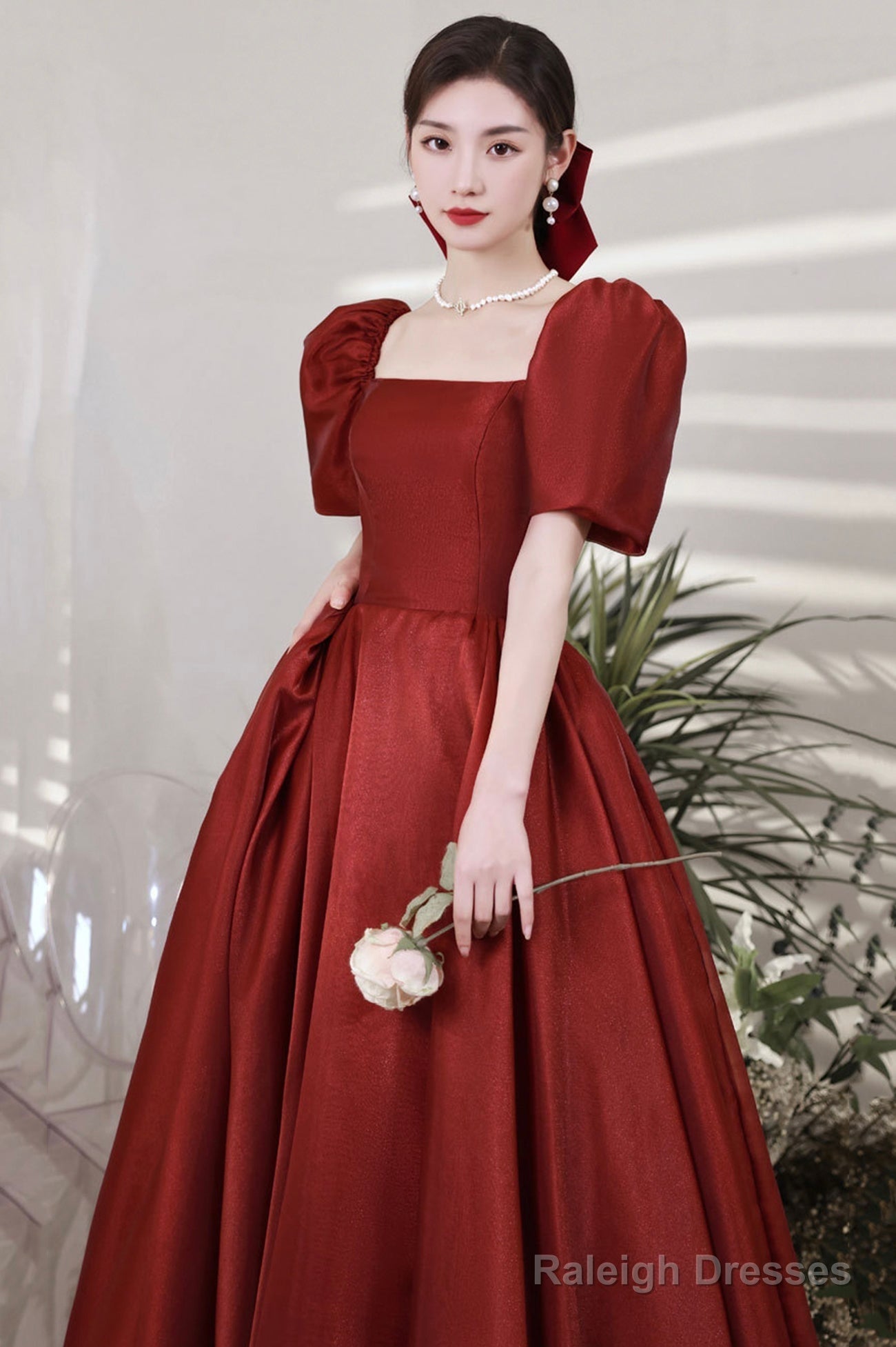 Burgundy Satin Long Prom Dresses, A-Line Short Sleeve Evening Dresses