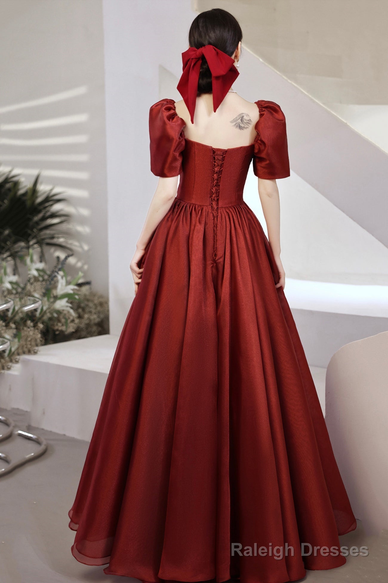 Burgundy Satin Long Prom Dresses, A-Line Short Sleeve Evening Dresses
