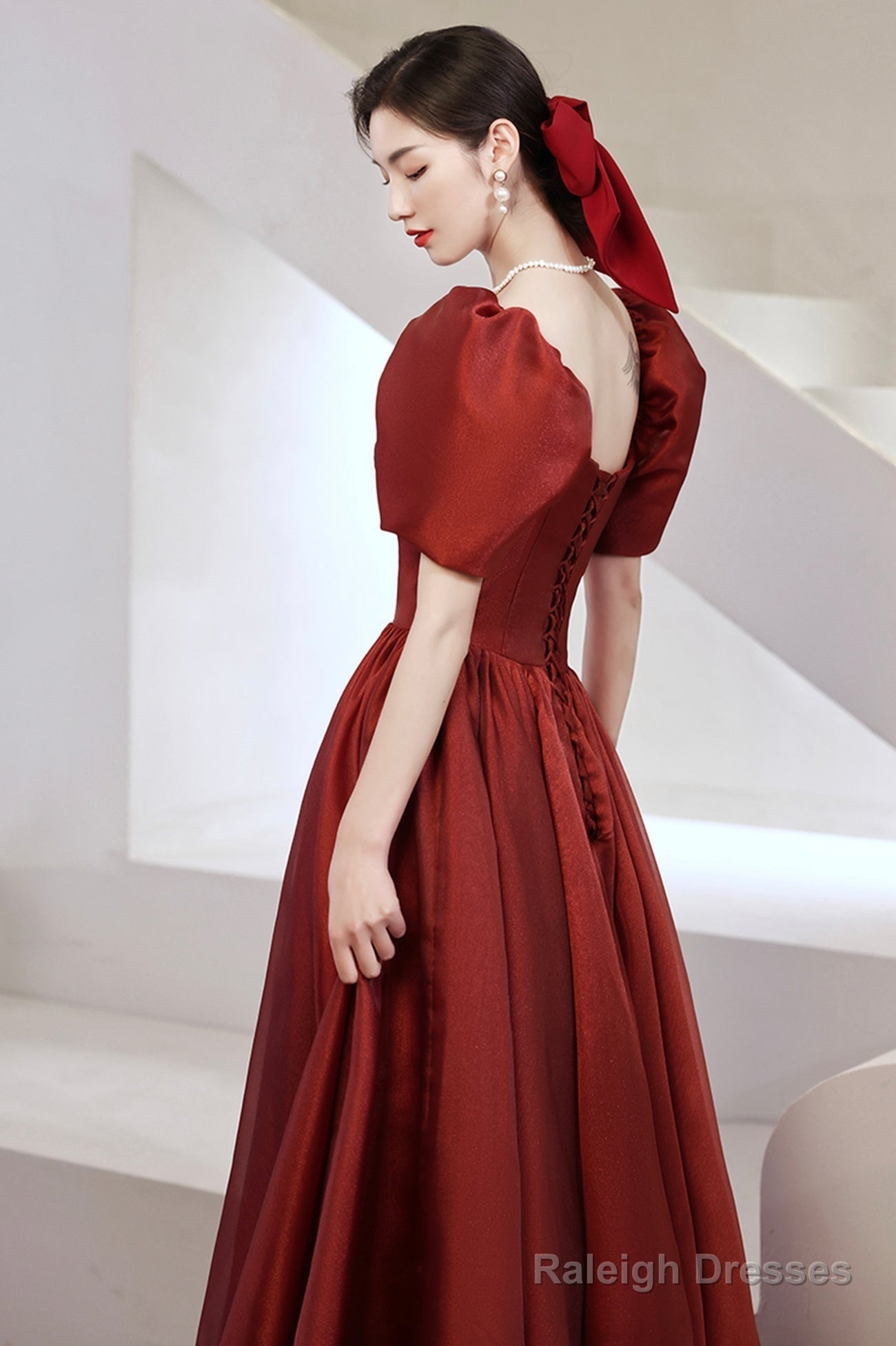 Burgundy Satin Long Prom Dress A-Line Short Sleeve Prom Dress