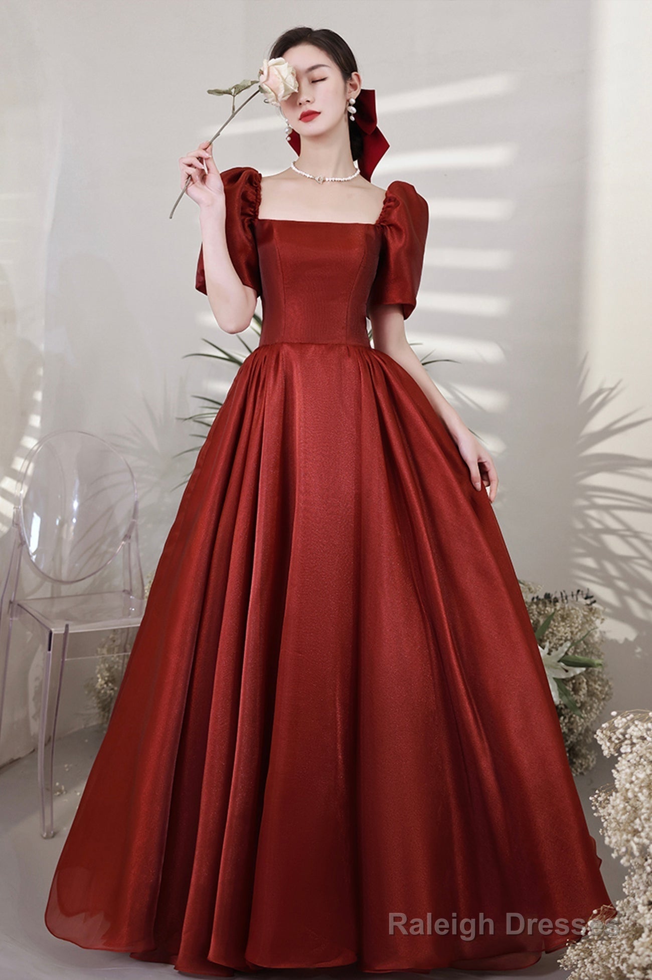 Burgundy Satin Long Prom Dresses, A-Line Short Sleeve Evening Dresses Main image