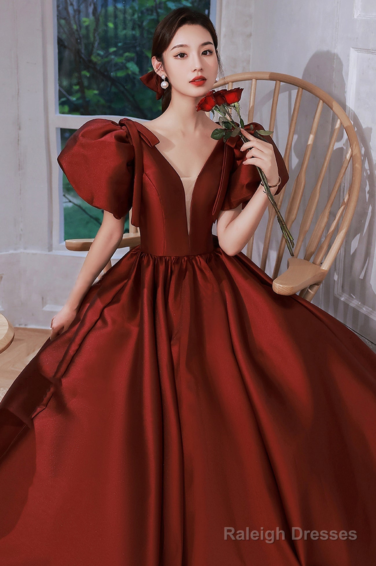 Burgundy Satin Long Prom Dresses, Lovely Puff Sleeve Evening Gown