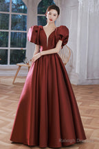 Burgundy Satin Long Prom Dresses, Lovely Puff Sleeve Evening Gown
