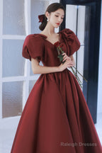 Burgundy Satin Long Prom Dresses, Lovely Puff Sleeve Evening Gown